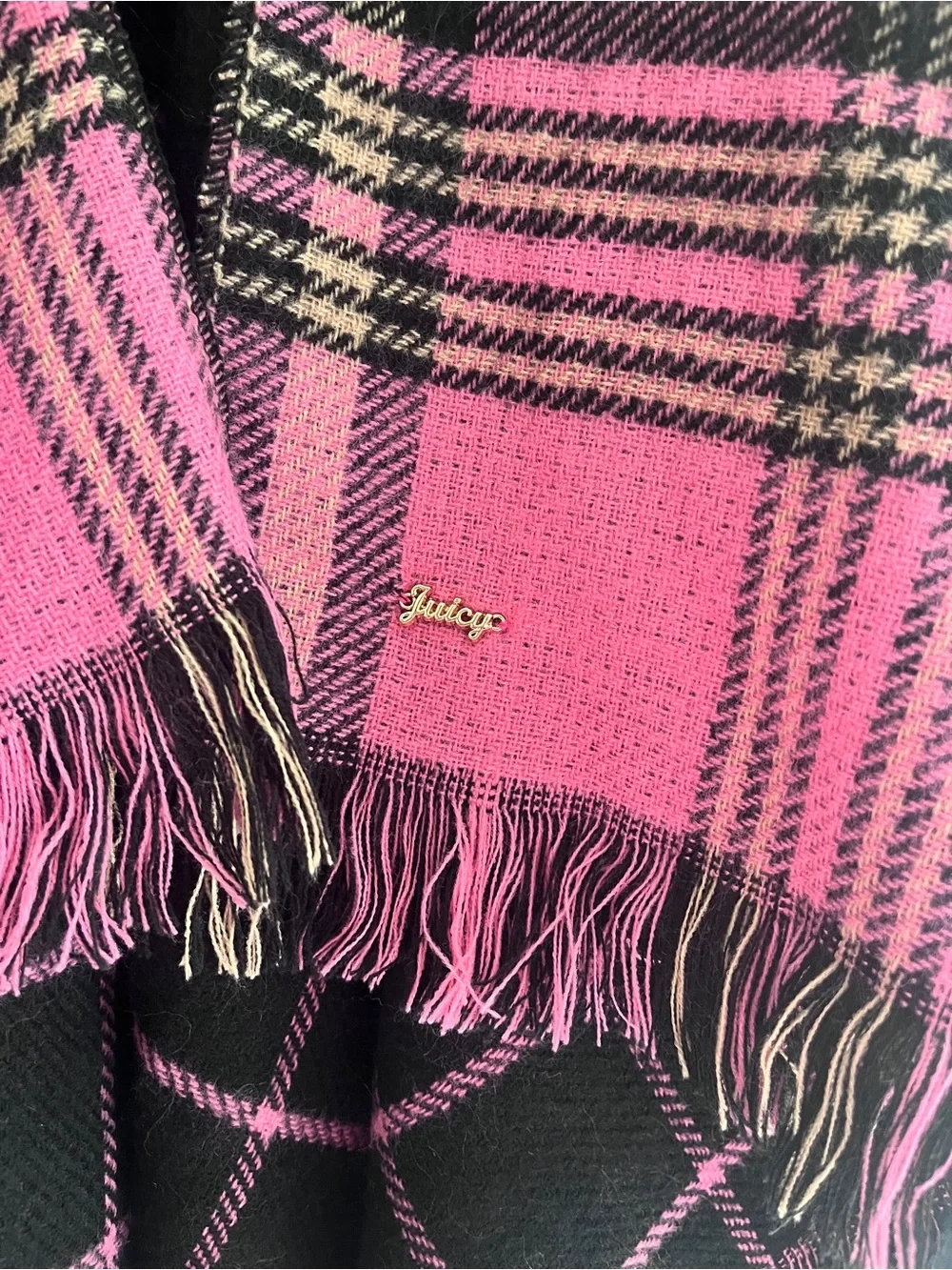 Juicy Couture Pink and Black Plaid Fringe Cape Poncho